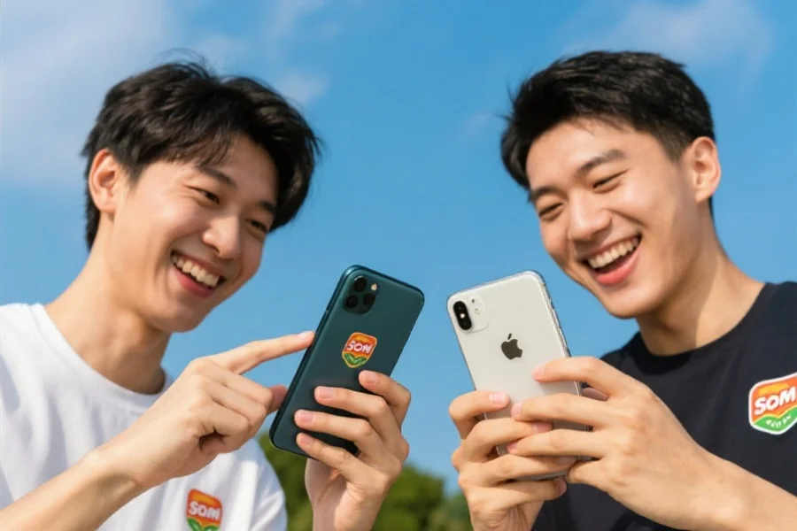 两位用户分别使用安卓手机和苹果手机体验So米体育App,展现顺畅操作与愉快的表情